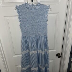 Shein Clasi Vacation Casual Striped Lace Trim Maxi Dress Large Blue White